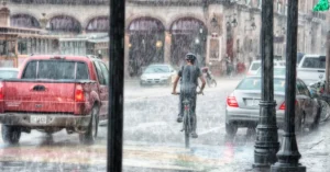Person Riding a Bicycle during Rainy Day